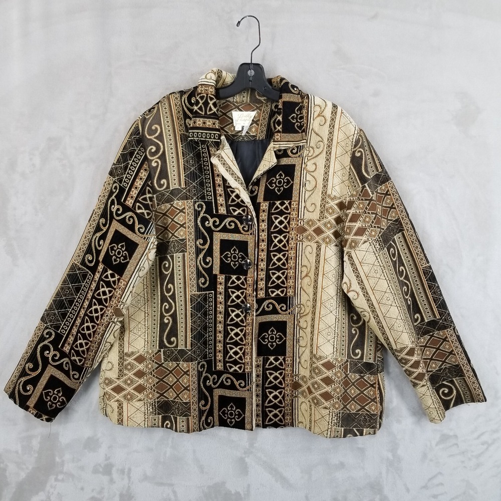 Vtg Jacket‎ Women 2X Neutral Tapestry Jacquard Lilly of Ca. Lined Eclectic USA